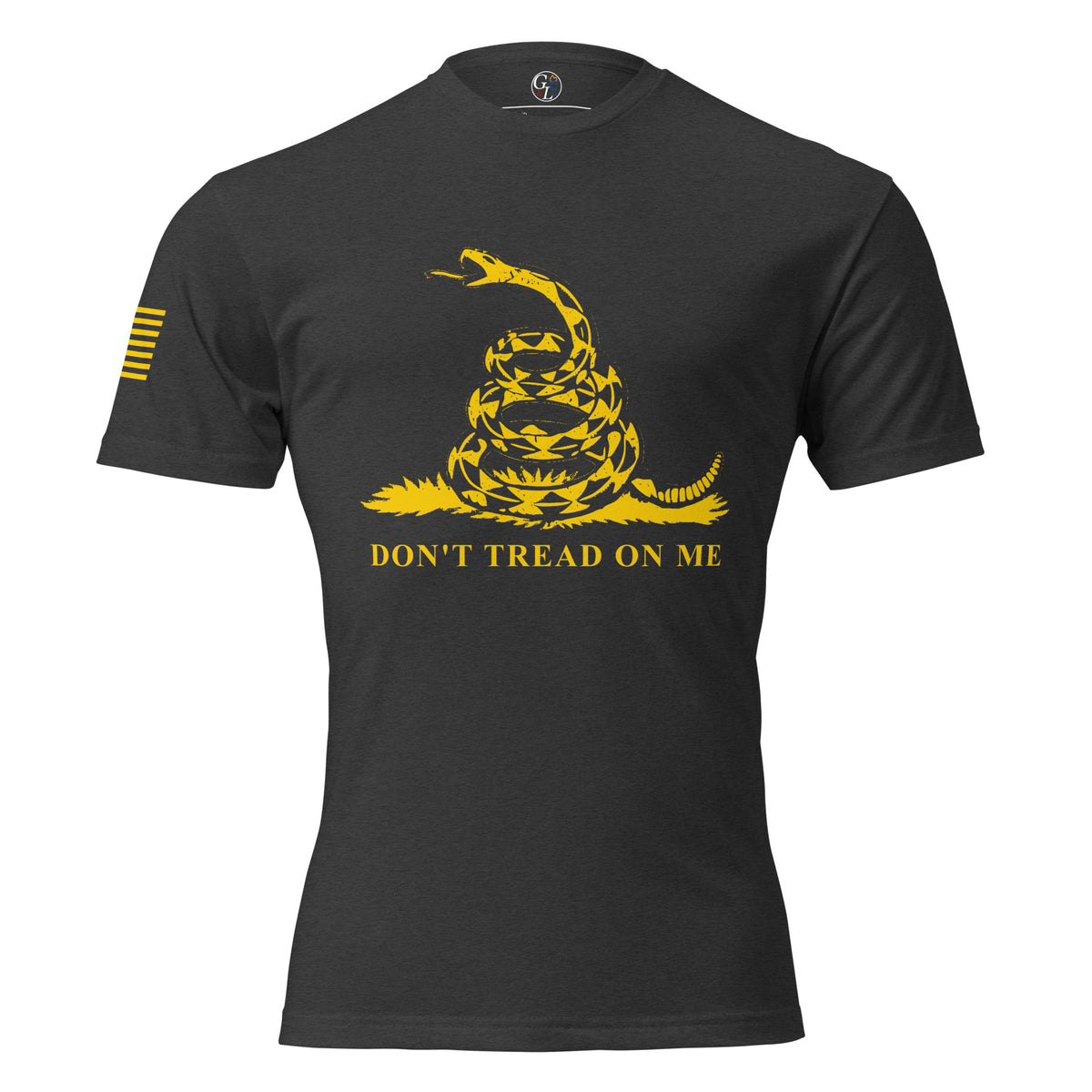 Black men's t-shirt with yellow don't tread on me and snake graphic, with yellow flag on sleeve