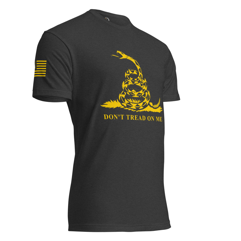 Black men's t-shirt with yellow don't tread on me and snake graphic, with yellow flag on sleeve