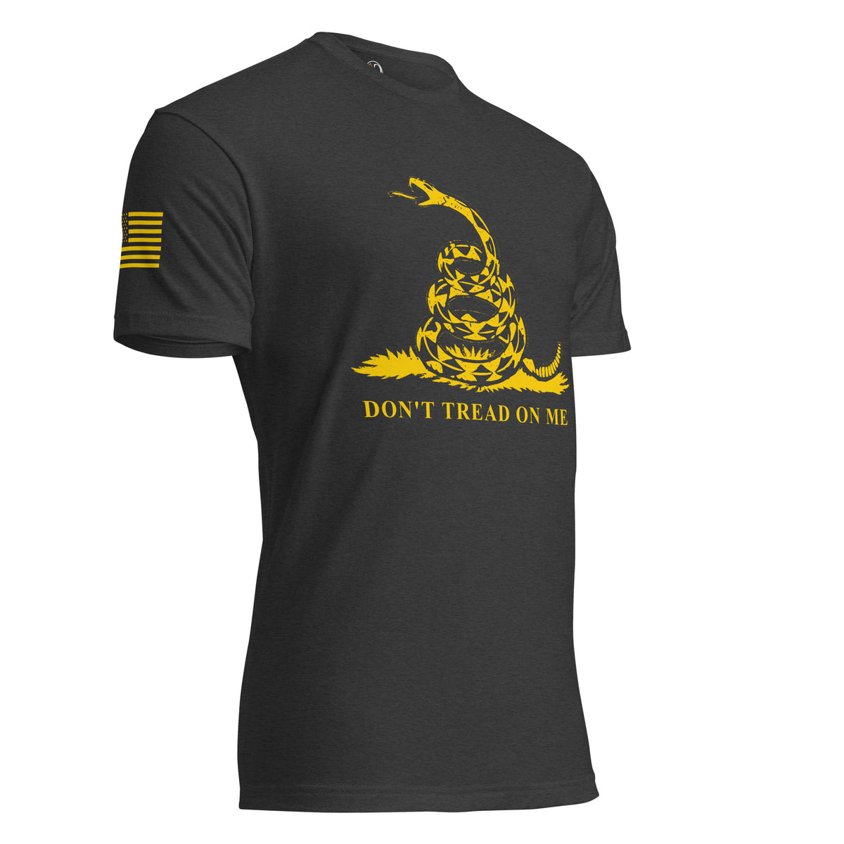 Black men's t-shirt with yellow don't tread on me and snake graphic, with yellow flag on sleeve