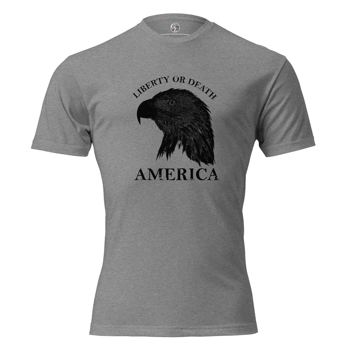 Men's grey t-shirt with eagle silhouette and liberty or death above, and America written below
