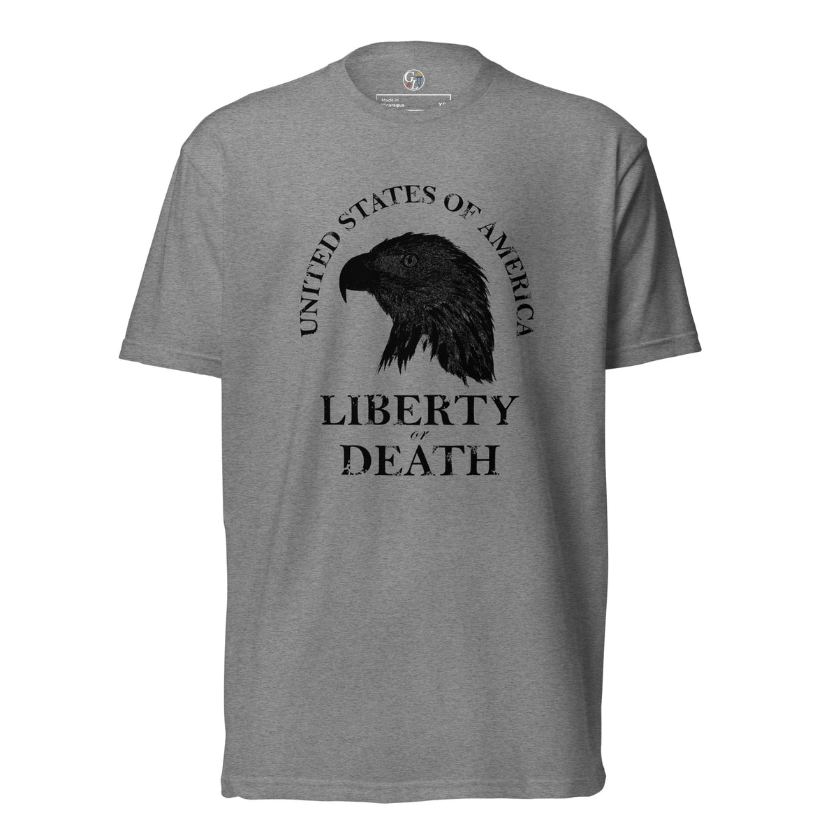 Men's grey t-shirt with United States of America above an eagle silhouette, and Liberty or Death written below