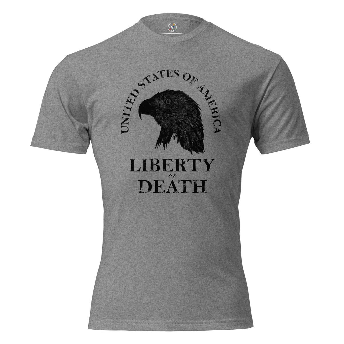 Men's grey t-shirt with United States of America above an eagle silhouette, and Liberty or Death written below