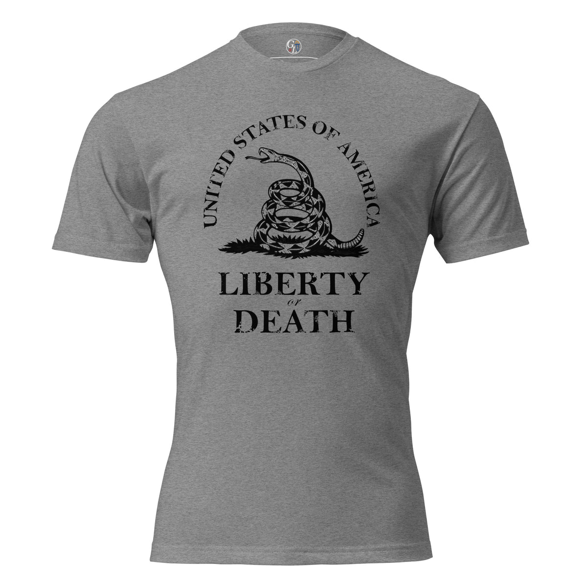 Men's t-shirt with United States of America written above the don't tread on me snake emblem, and Liberty or Death written below grey