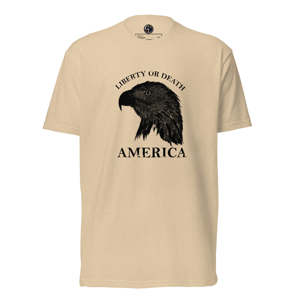 Men's tan t-shirt with eagle silhouette and liberty or death above, and America written below