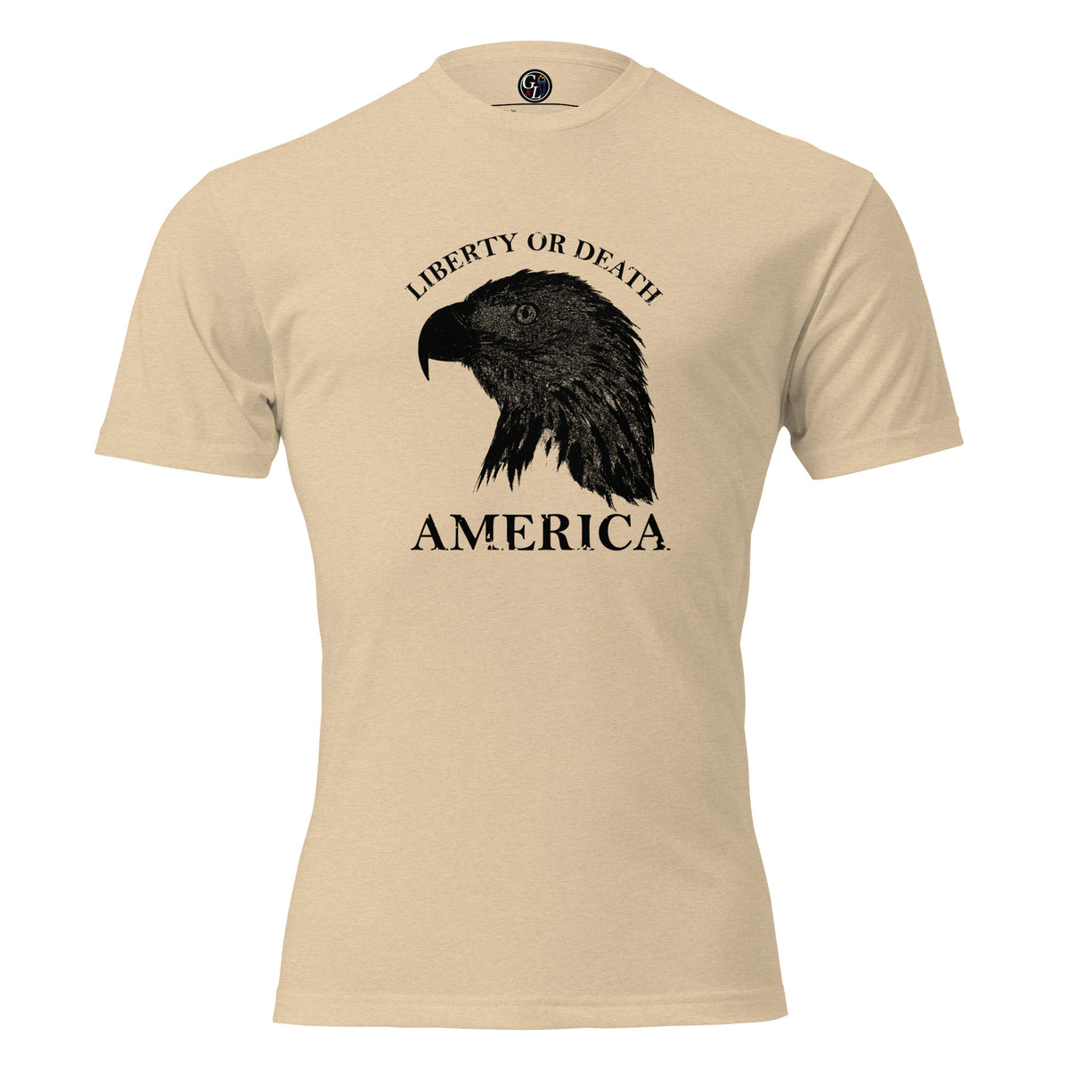 Men's tan t-shirt with eagle silhouette and liberty or death above, and America written below