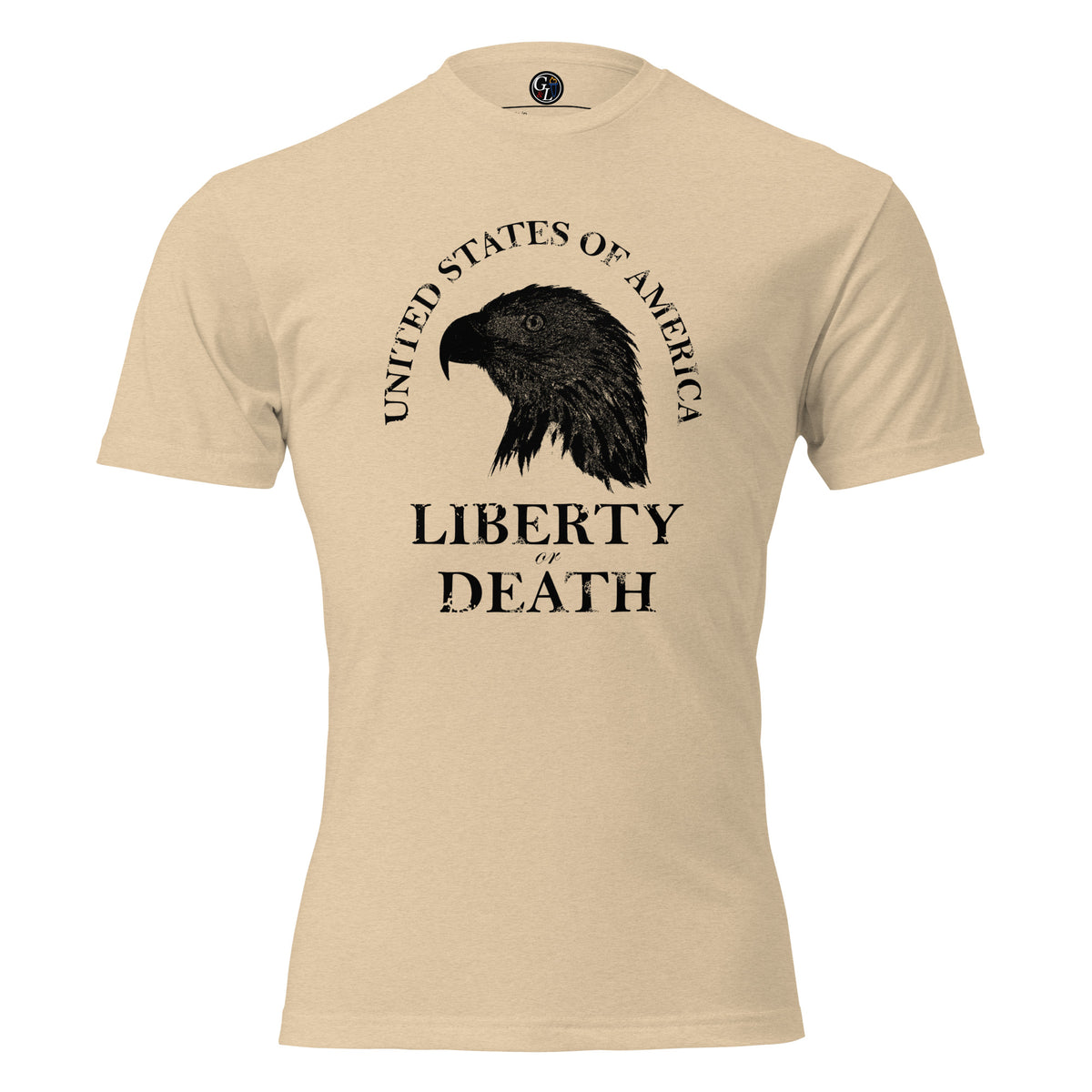 Men's tan t-shirt with United States of America above an eagle silhouette, and Liberty or Death written below
