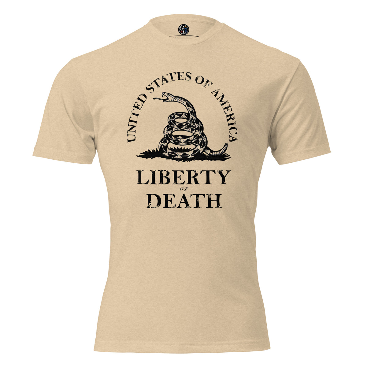 Men's t-shirt with United States of America written above the don't tread on me snake emblem, and Liberty or Death written below tan