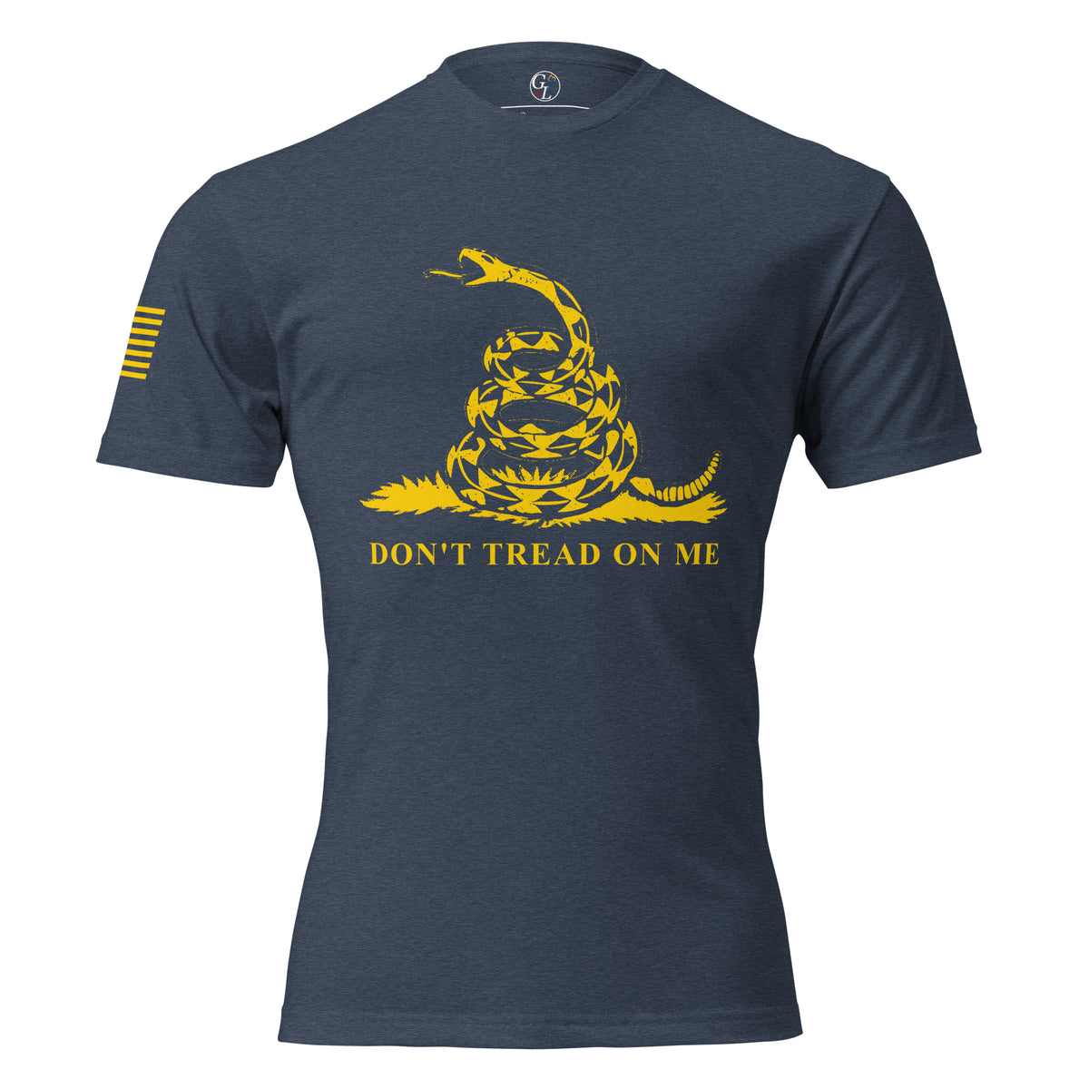 Navy men's t-shirt with yellow don't tread on me and snake graphic, with yellow flag on sleeve