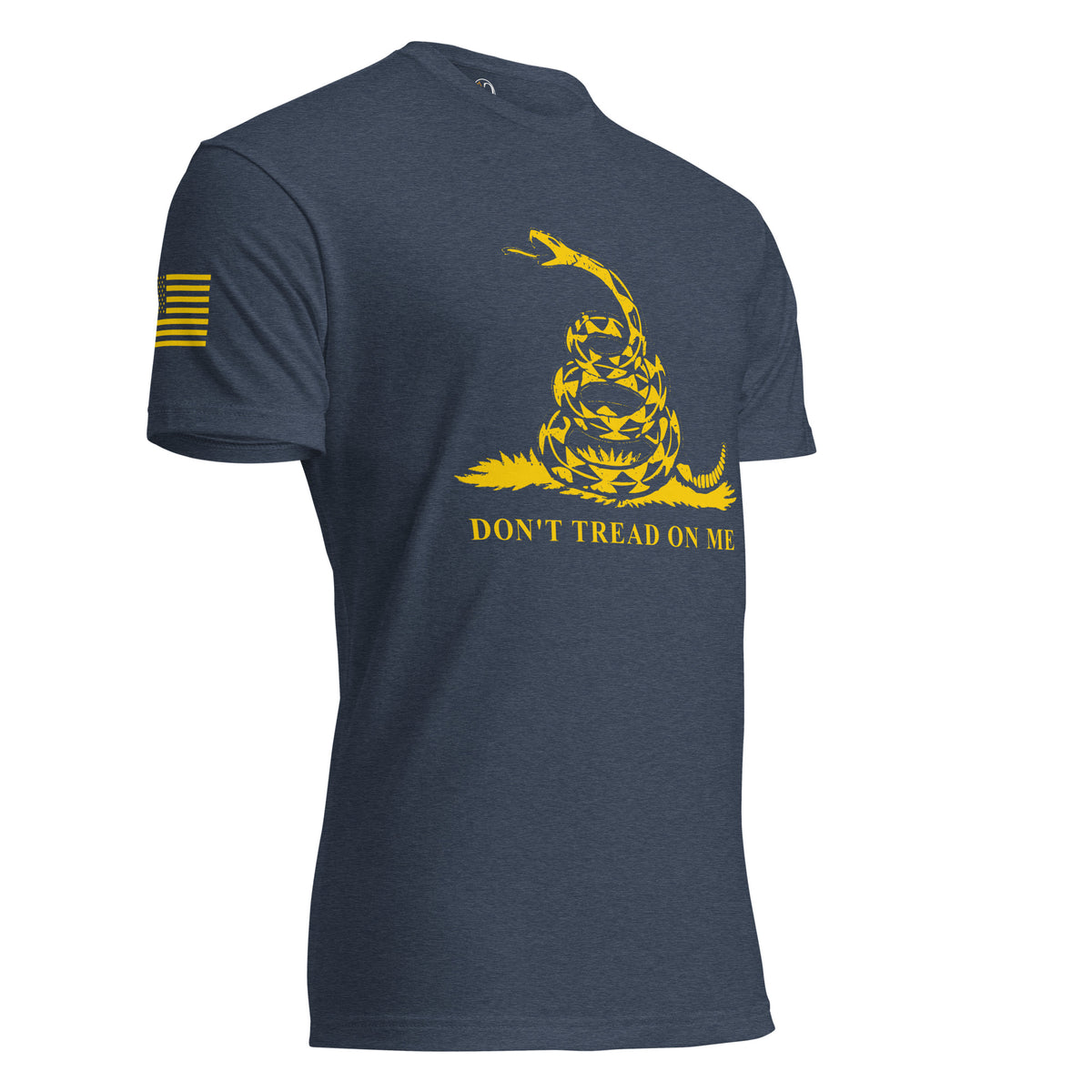 Navy men's t-shirt with yellow don't tread on me and snake graphic, with yellow flag on sleeve
