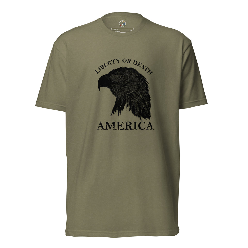 Men's green t-shirt with eagle silhouette and liberty or death above, and America written below