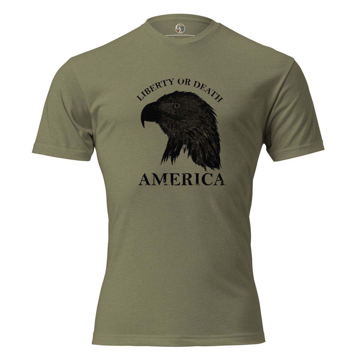 Men's green t-shirt with eagle silhouette and liberty or death above, and America written below