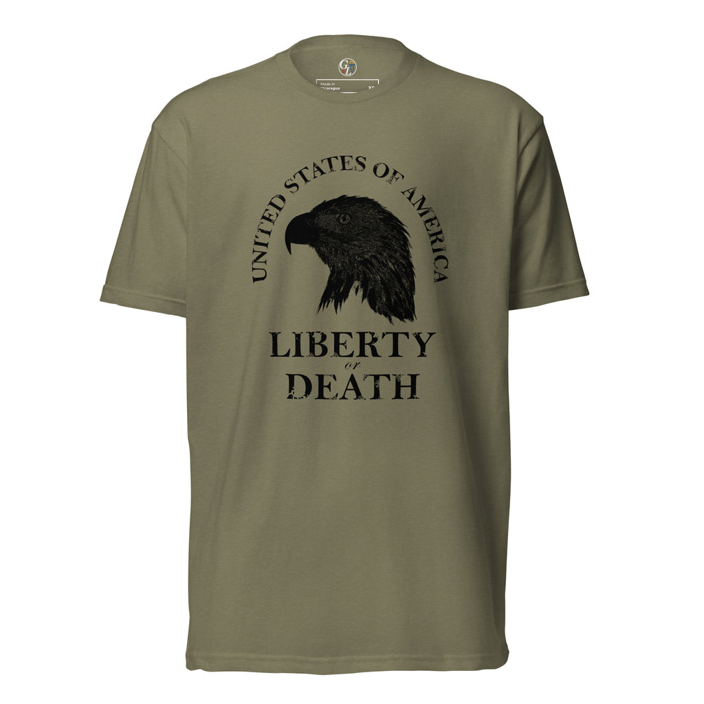 Men's green t-shirt with United States of America above an eagle silhouette, and Liberty or Death written below
