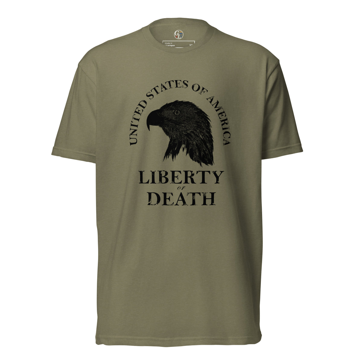 Men's green t-shirt with United States of America above an eagle silhouette, and Liberty or Death written below