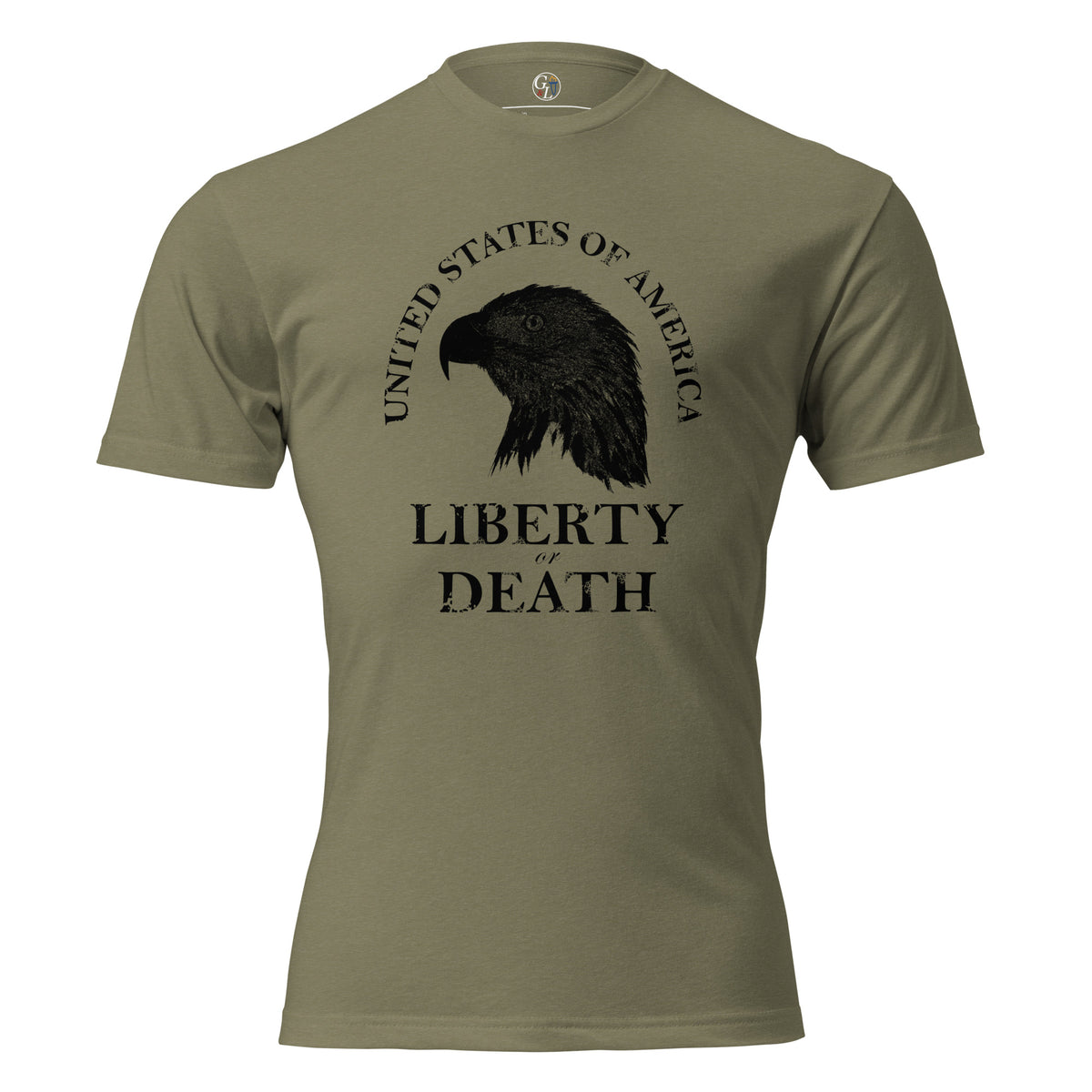 Men's green t-shirt with United States of America above an eagle silhouette, and Liberty or Death written below