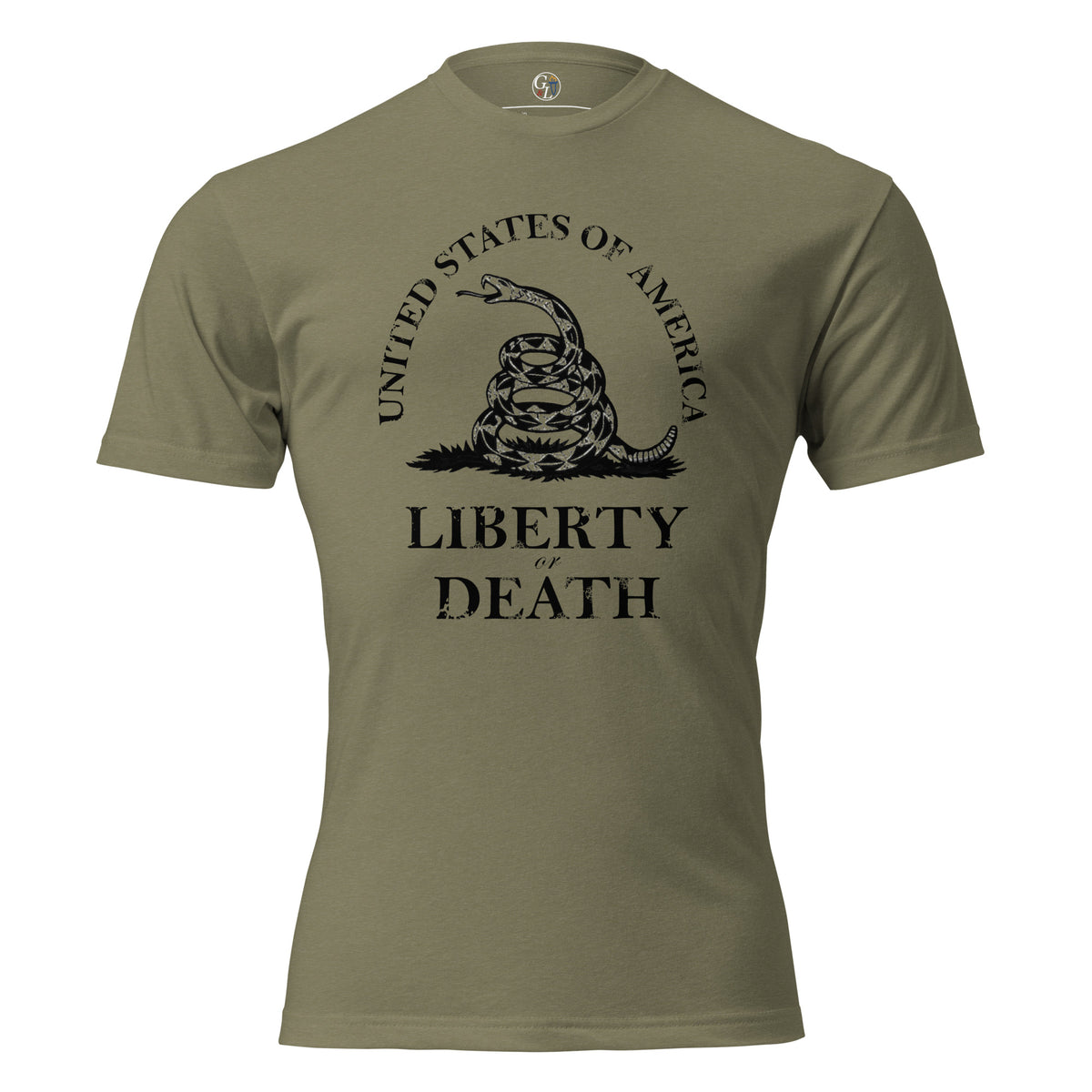 Men's t-shirt with United States of America written above the don't tread on me snake emblem, and Liberty or Death written below green 