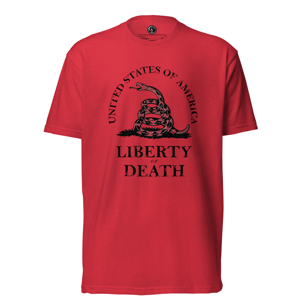 Men's t-shirt with United States of America written above the don't tread on me snake emblem, and Liberty or Death written below red