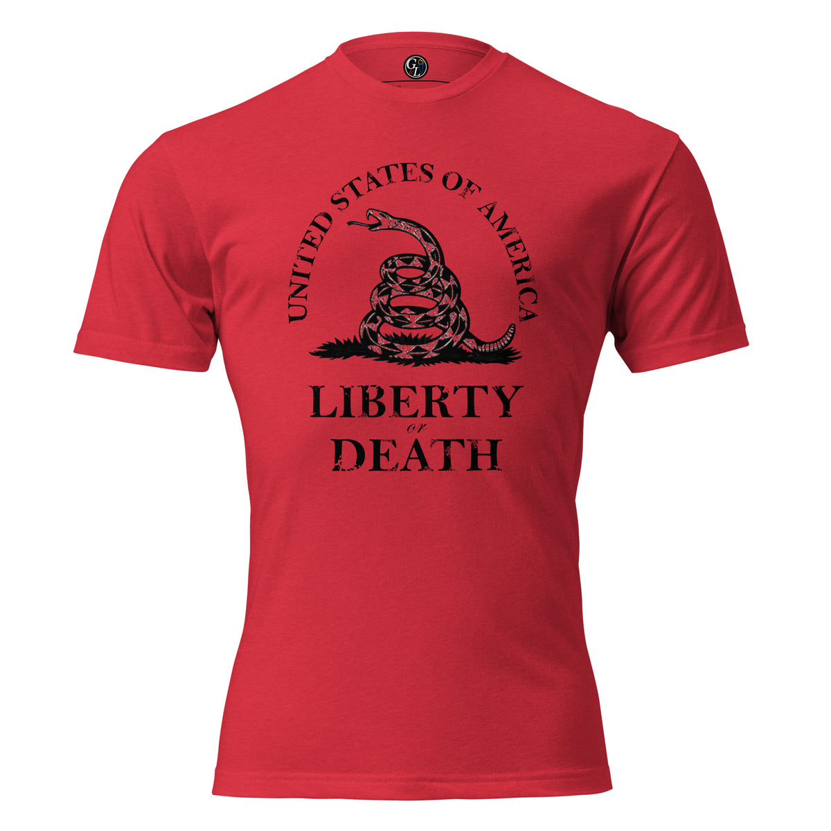 Men's t-shirt with United States of America written above the don't tread on me snake emblem, and Liberty or Death written below red 