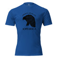 Men's blue t-shirt with eagle silhouette and liberty or death above, and America written below