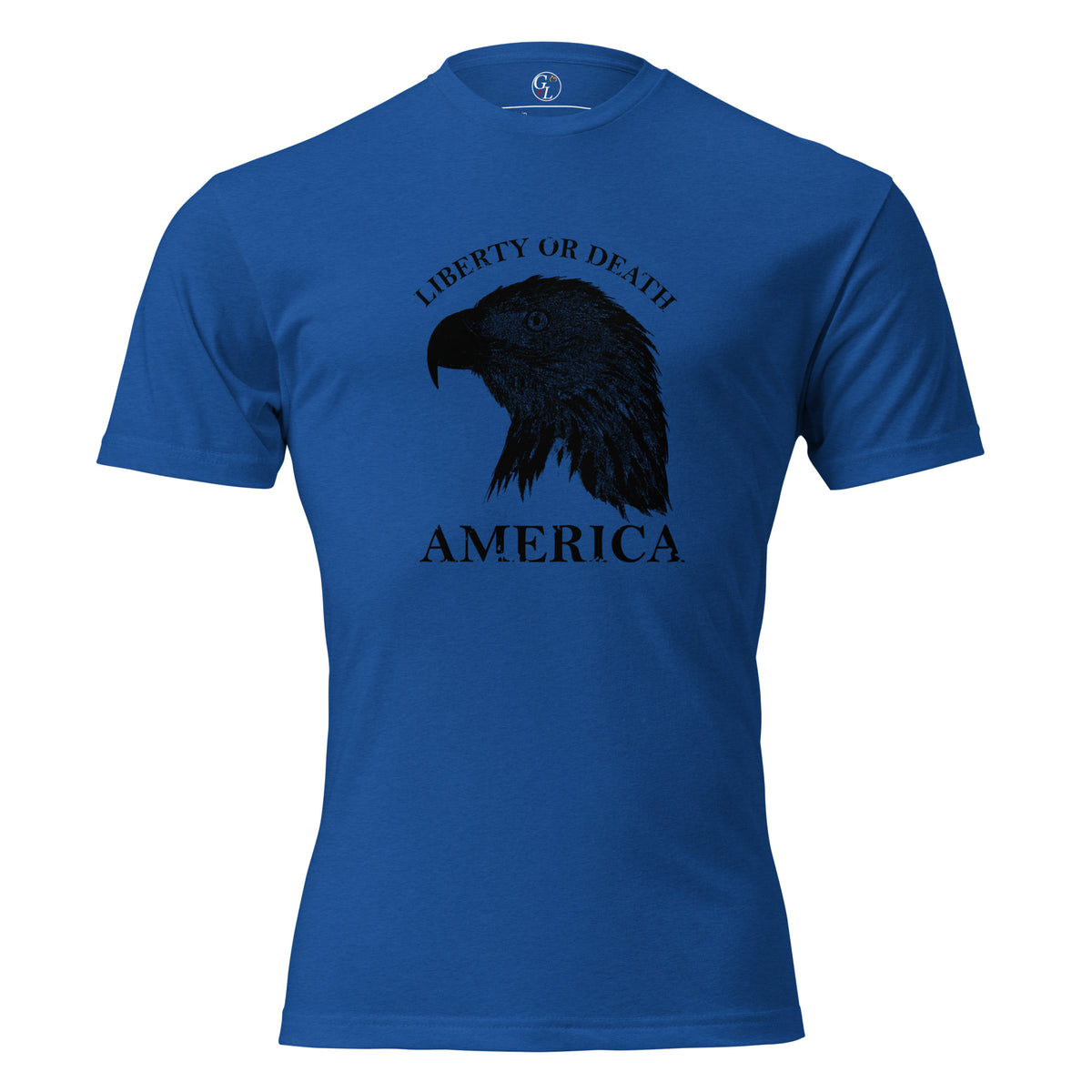 Men's blue t-shirt with eagle silhouette and liberty or death above, and America written below