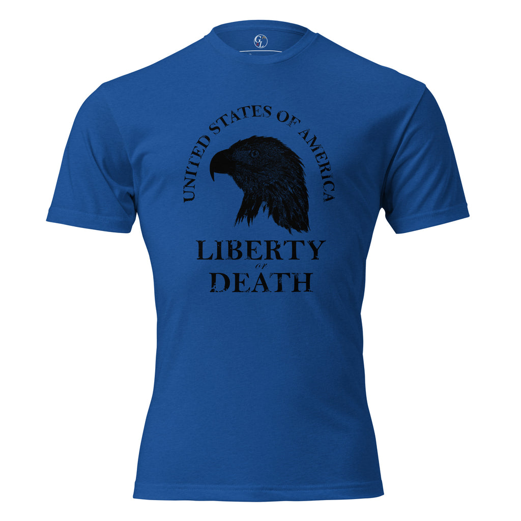 Men's blue t-shirt with United States of America above an eagle silhouette, and Liberty or Death written below