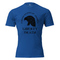 Men's blue t-shirt with United States of America above an eagle silhouette, and Liberty or Death written below