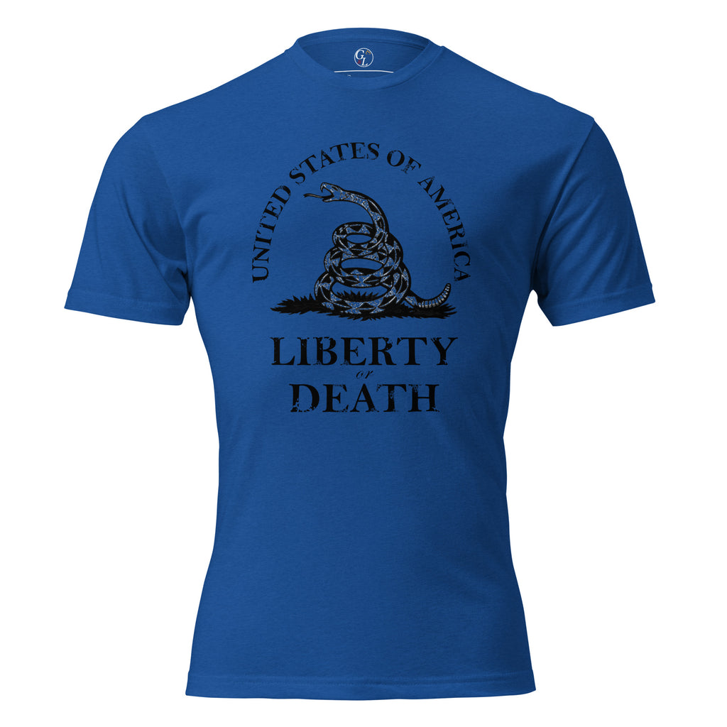 Men's t-shirt with United States of America written above the don't tread on me snake emblem, and Liberty or Death written below blue 