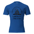 Men's t-shirt with United States of America written above the don't tread on me snake emblem, and Liberty or Death written below blue 