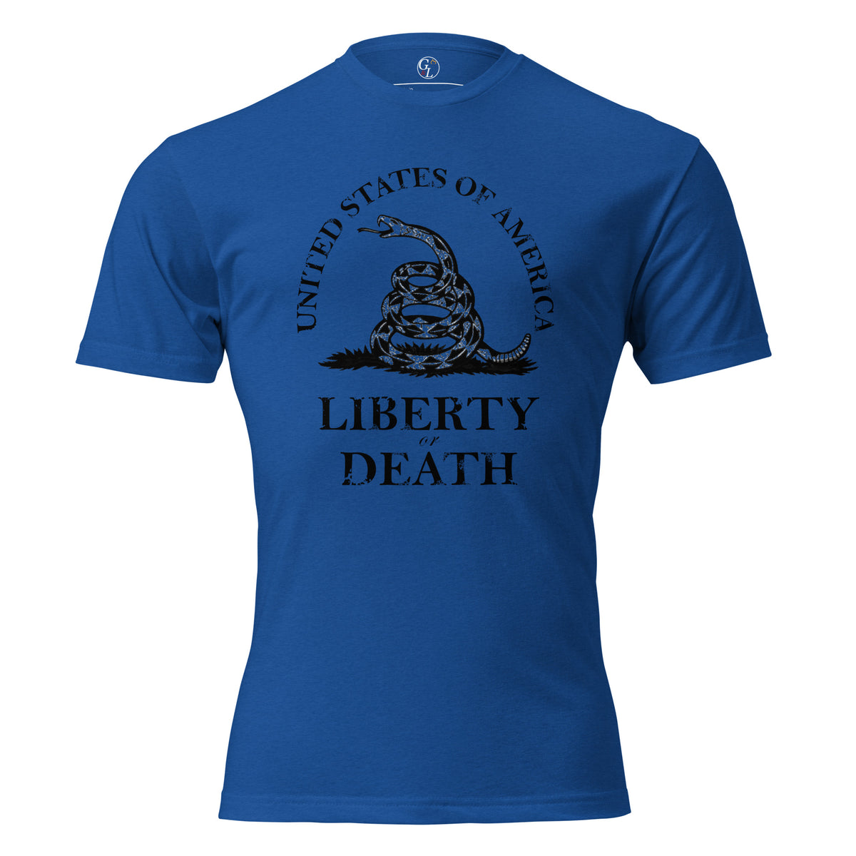 Men's t-shirt with United States of America written above the don't tread on me snake emblem, and Liberty or Death written below blue 