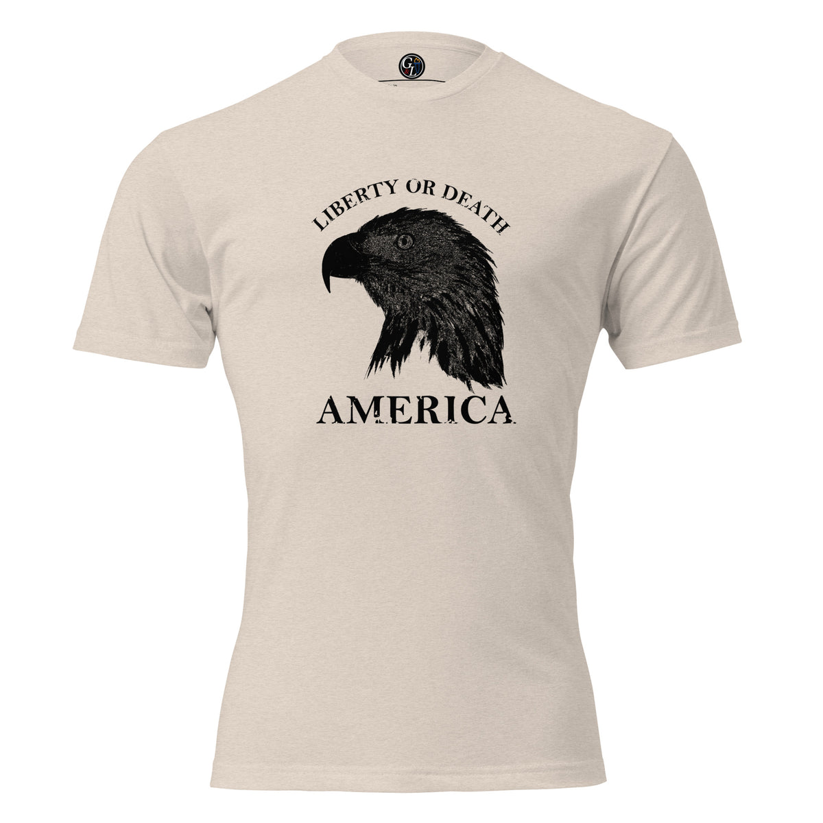 Men's tan t-shirt with eagle silhouette and liberty or death above, and America written below