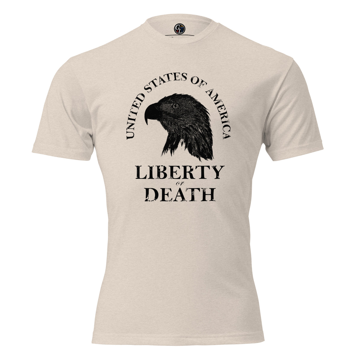 Men's tan t-shirt with United States of America above an eagle silhouette, and Liberty or Death written below