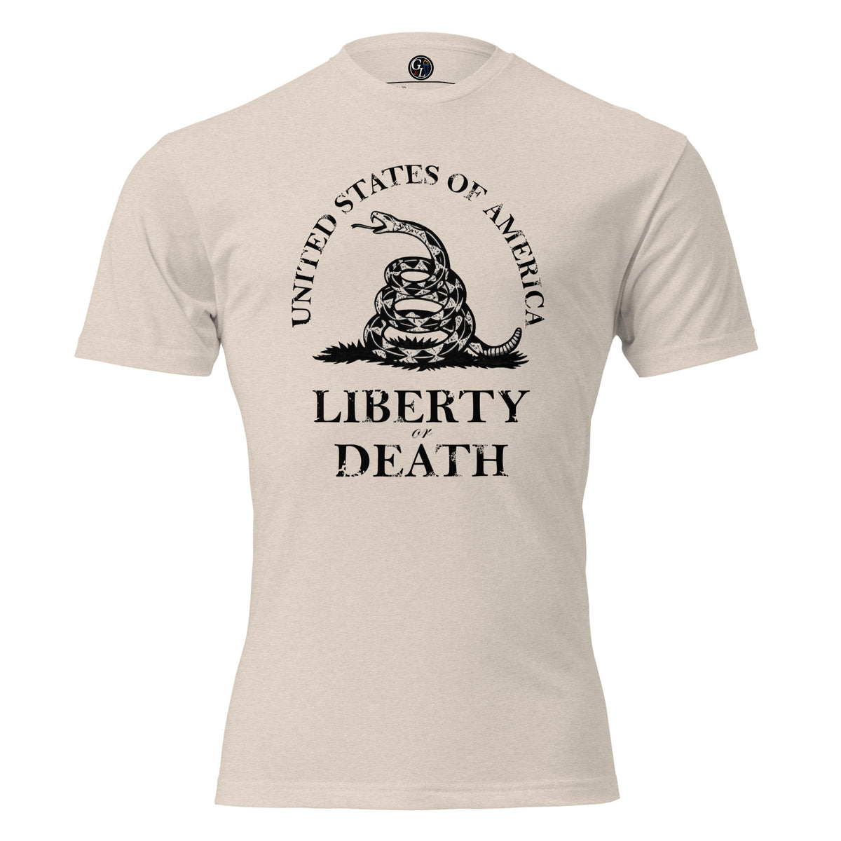 Men's t-shirt with United States of America written above the don't tread on me snake emblem, and Liberty or Death written below tan