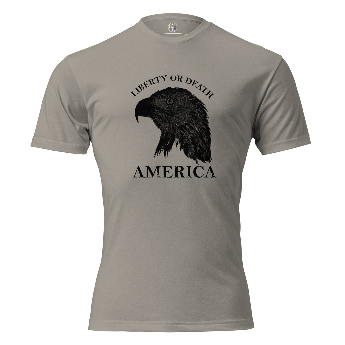 Men's grey t-shirt with eagle silhouette and liberty or death above, and America written below