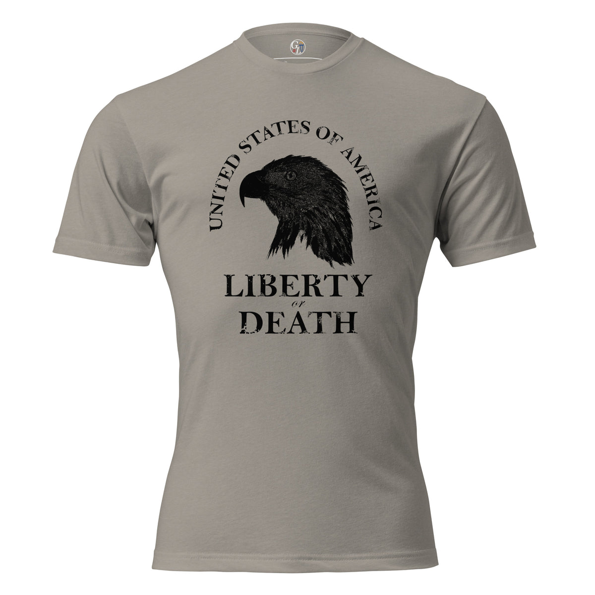 Men's grey t-shirt with United States of America above an eagle silhouette, and Liberty or Death written below