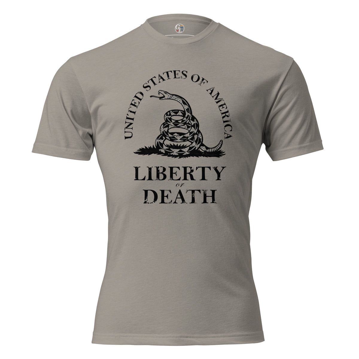 Men's t-shirt with United States of America written above the don't tread on me snake emblem, and Liberty or Death written below grey