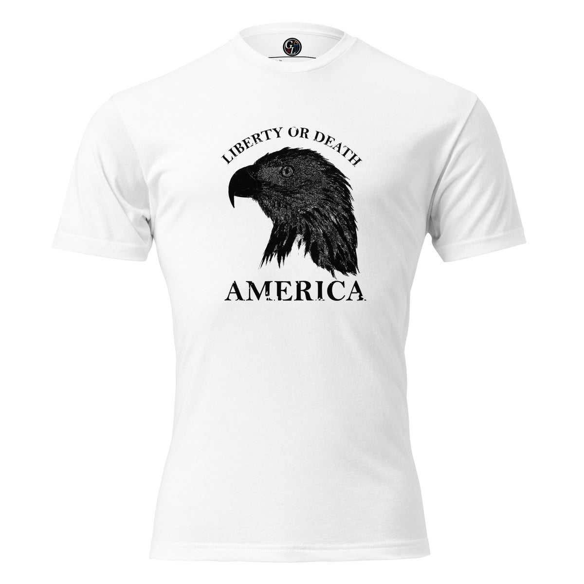 Men's white t-shirt with eagle silhouette and liberty or death above, and America written below