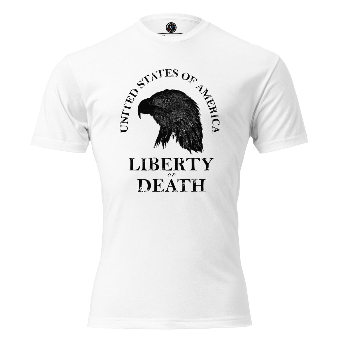 Men's white t-shirt with United States of America above an eagle silhouette, and Liberty or Death written below
