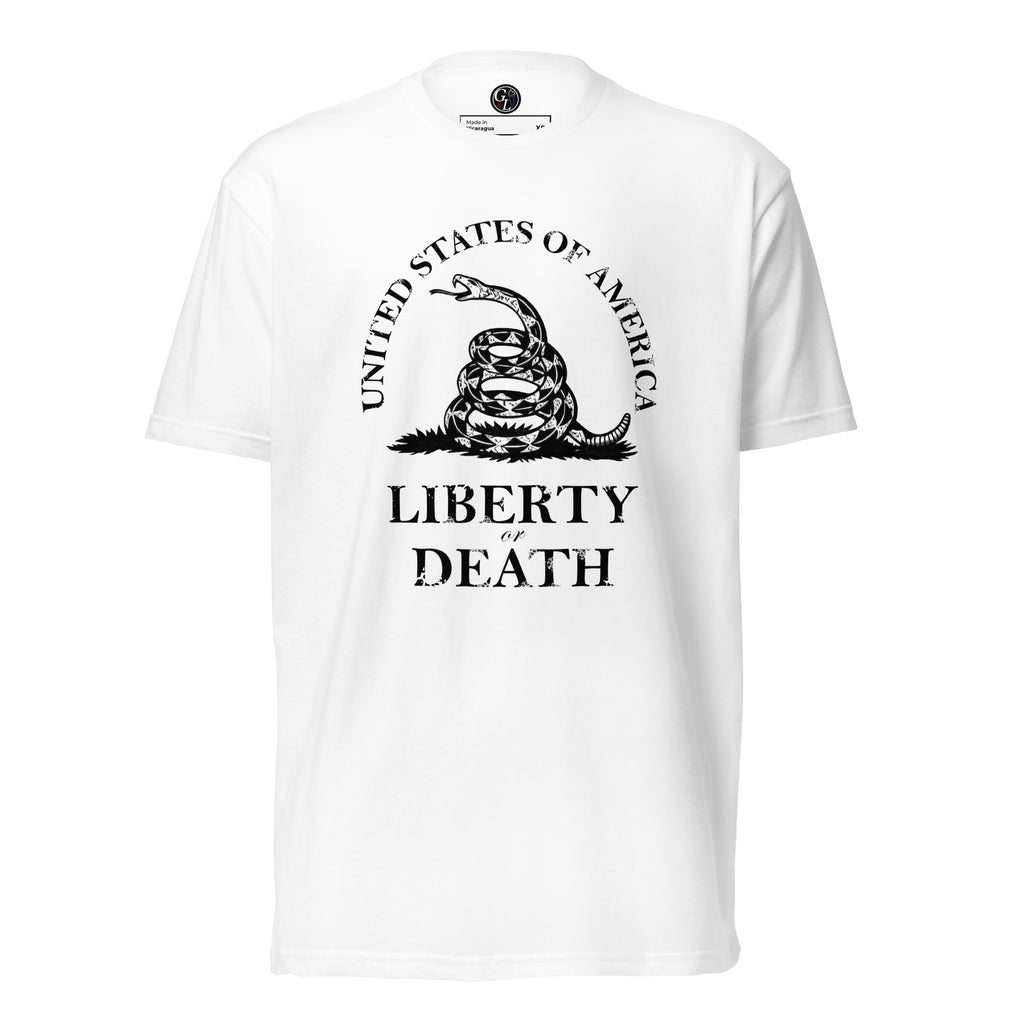 Men's t-shirt with United States of America written above the don't tread on me snake emblem, and Liberty or Death written below white