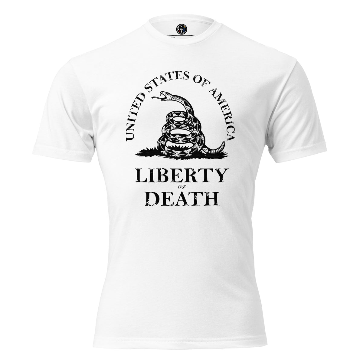 Men's t-shirt with United States of America written above the don't tread on me snake emblem, and Liberty or Death written below white