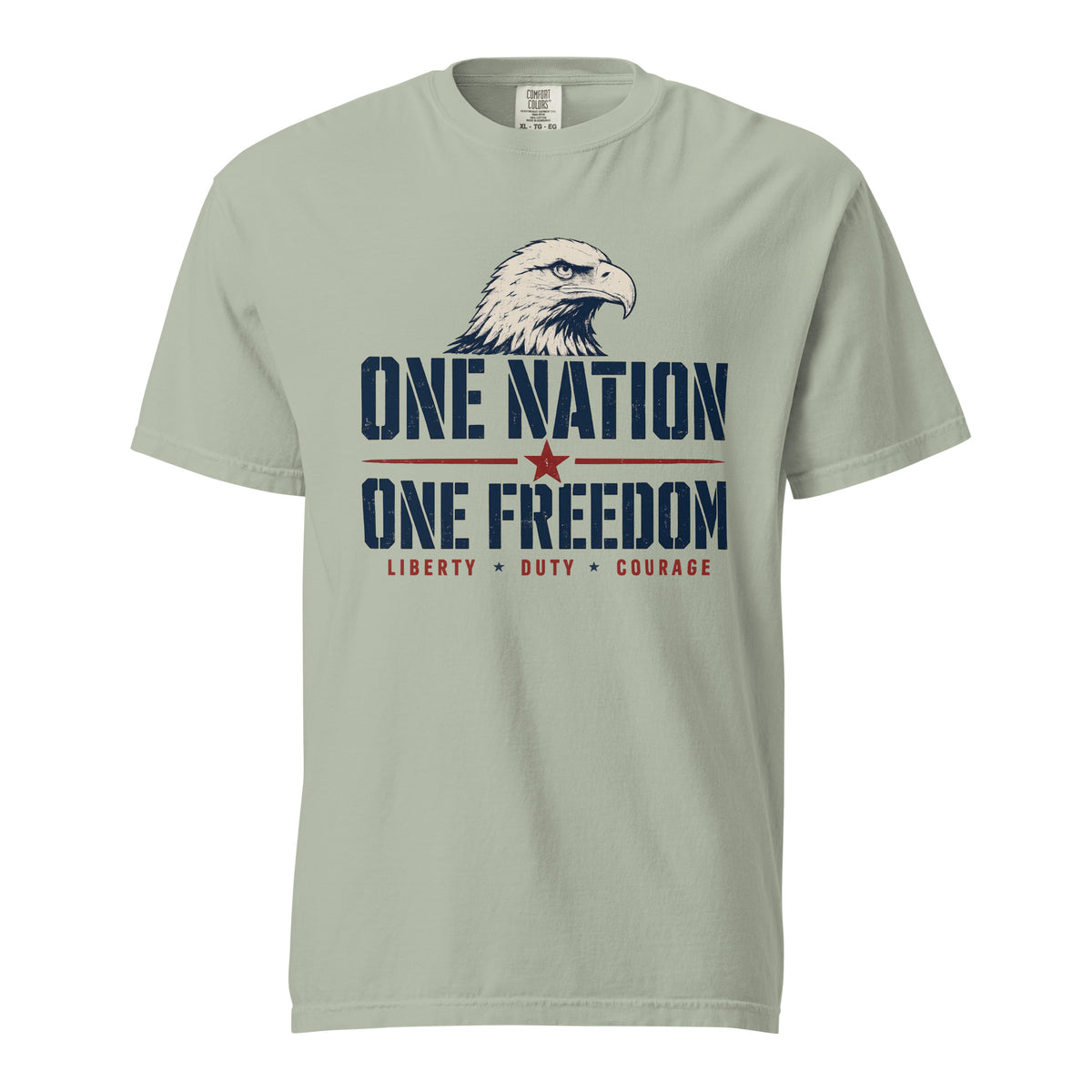 Gray men's t-shirt with an eagle head, and One Nation One Freedom written under. With some star accents and "Liberty Duty Courage" at the bottom.