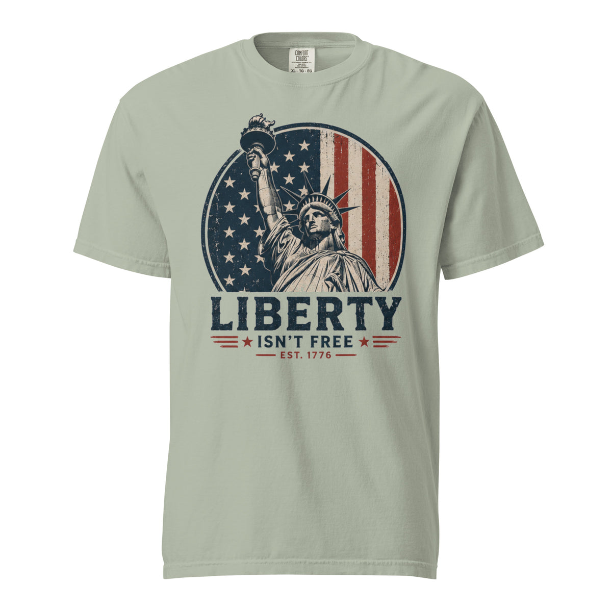 Green men's t-shirt with American flag statue of liberty graphic, and text that says "Liberty isn't free" underneath