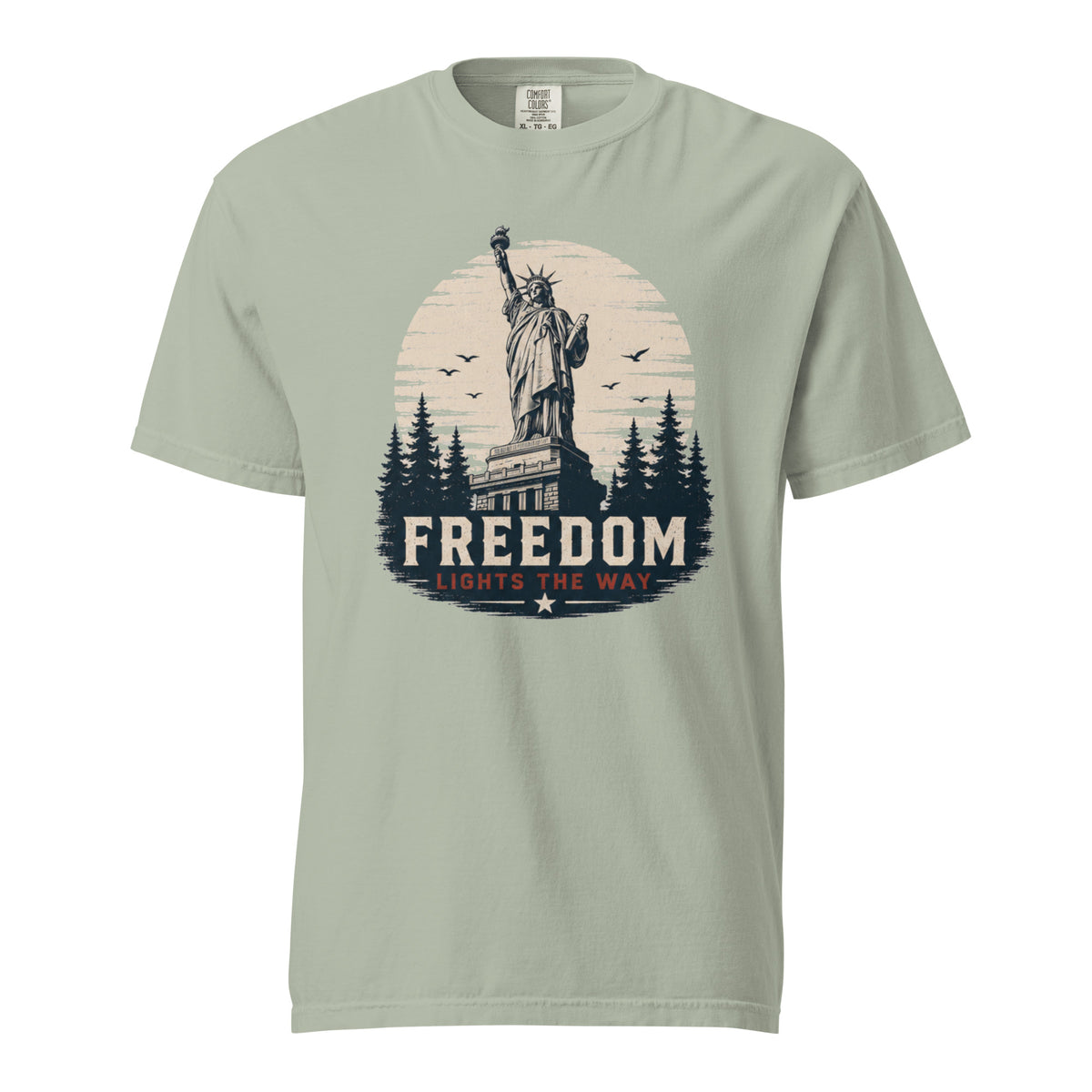 Gray men's t-shirt with statue of liberty and trees, that says "Freedom Lights the way" under it