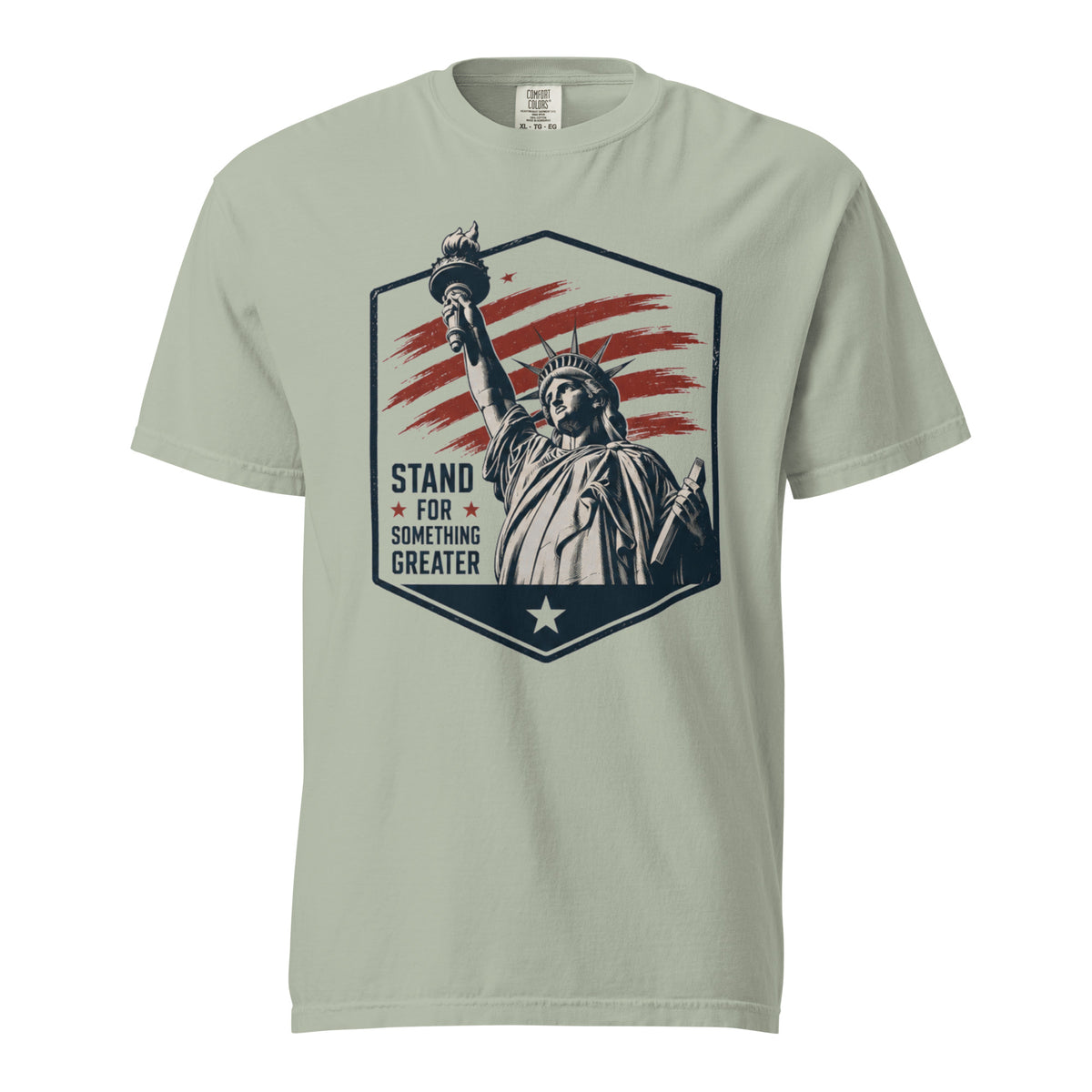 Gray men's t-shirt with statue of liberty and red stripes, that says "Stand for something greater" beside it