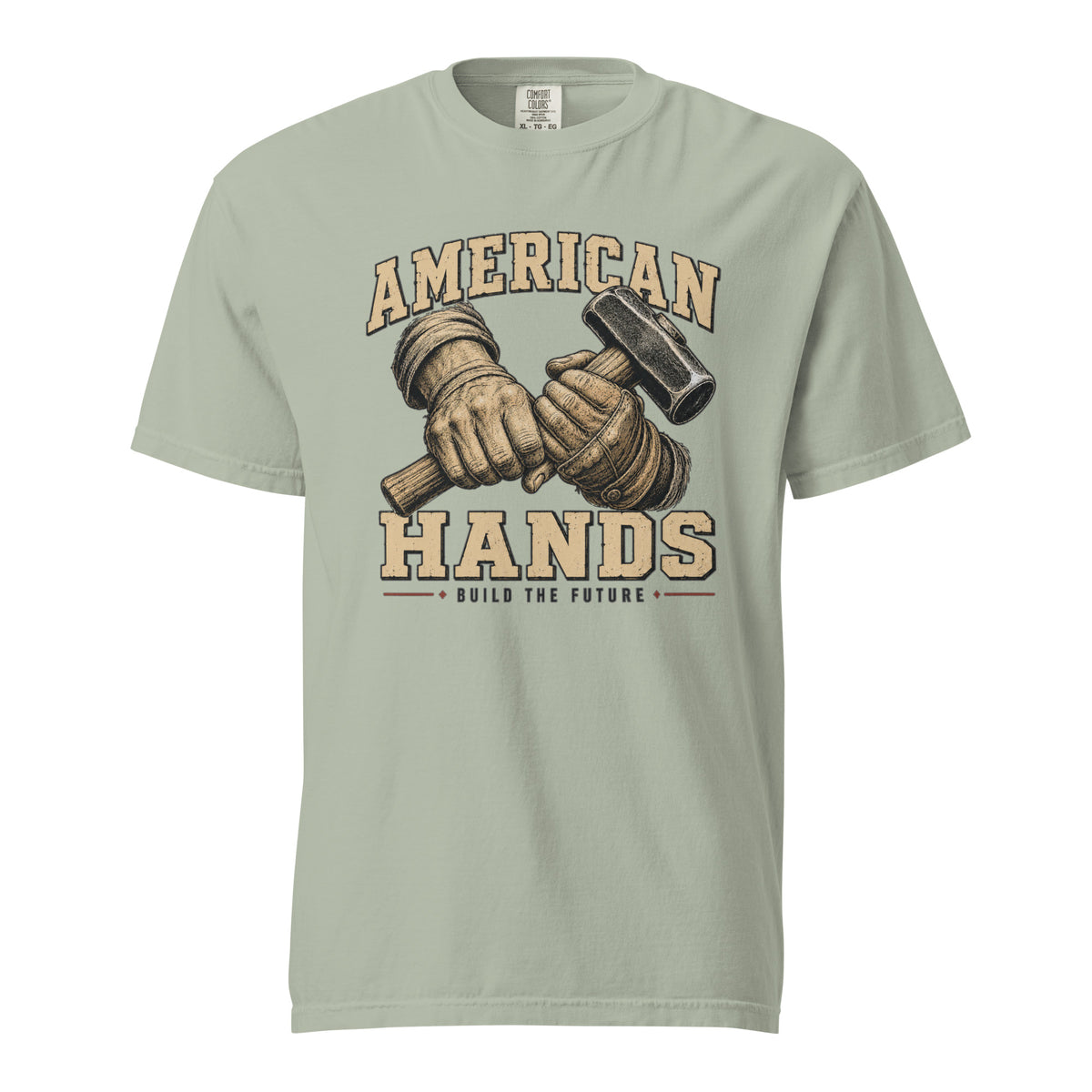 Gray men's t-shirt with American Hands written above and below rough hands holding a sledge hammer and build the future written beneath