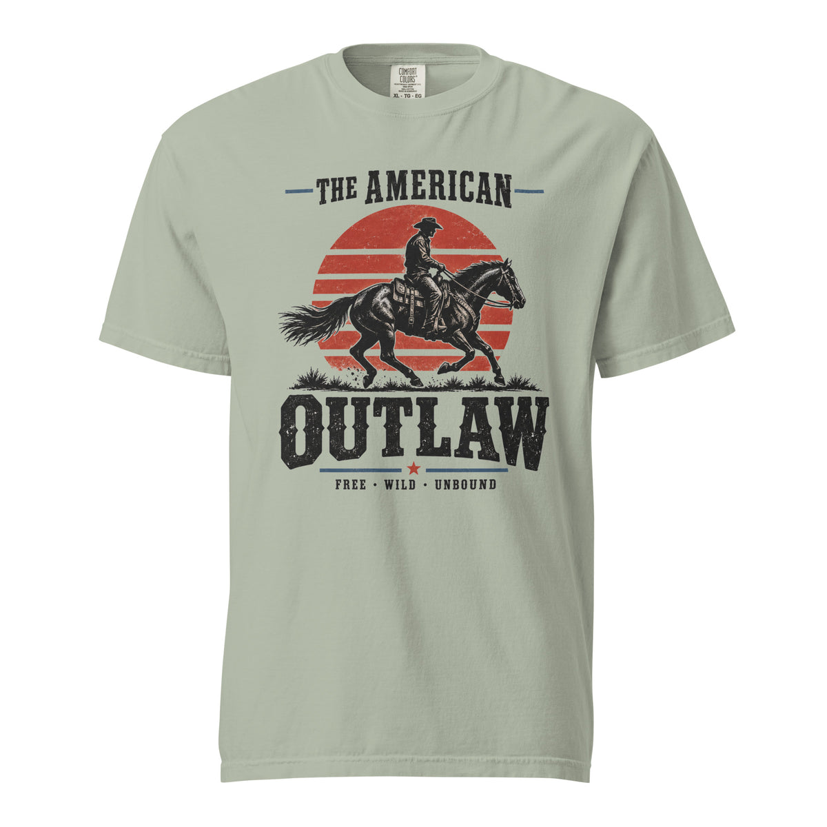 grey men's t-shirt with a sun setting silhouette and cowboy riding horse with "The American Outlaw" written above and below