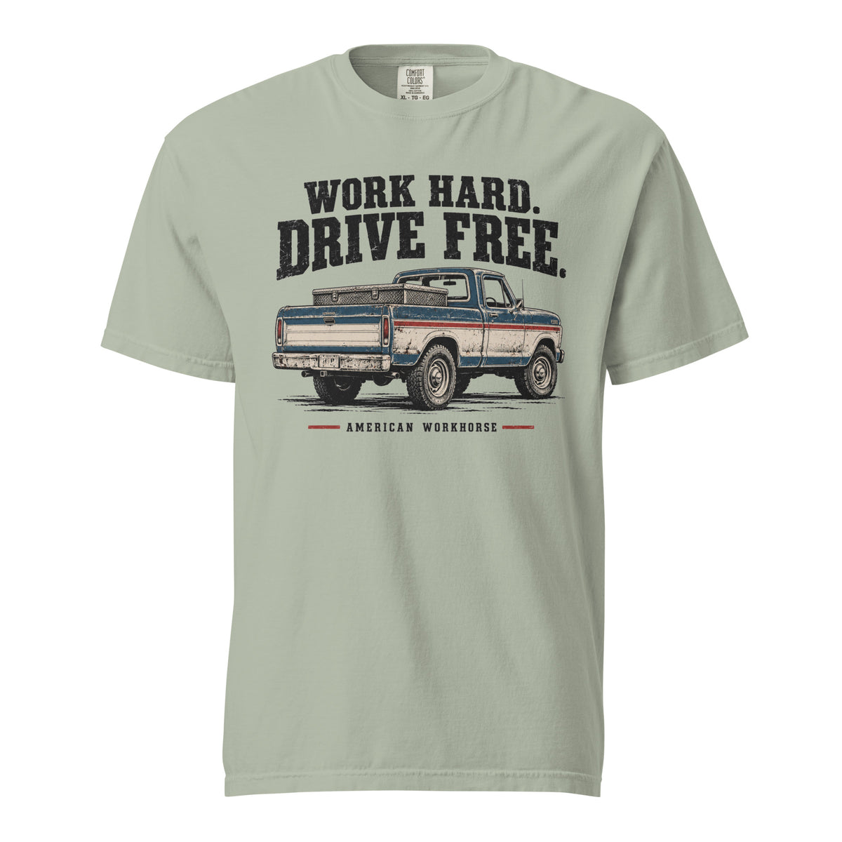 grey men's t-shirt that says Work hard. Drive Free. above a vintage American truck colored dusty red, white and blue