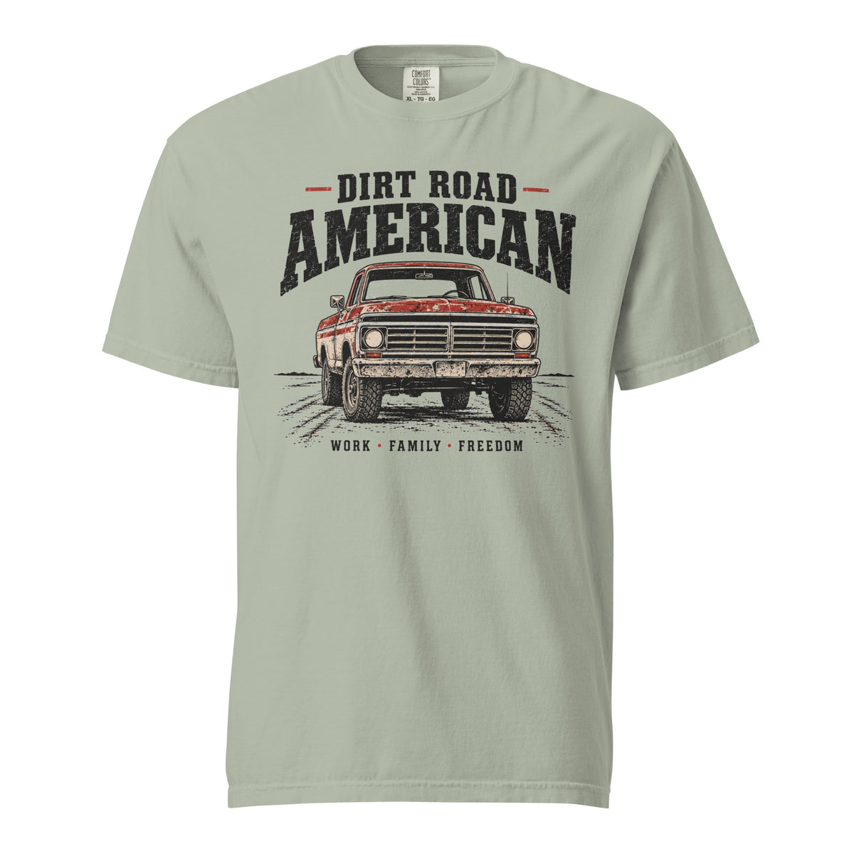 Grey men's t-shirt that says Dir Road American above a vintage American truck colored dusty red on a dirt road silhouette