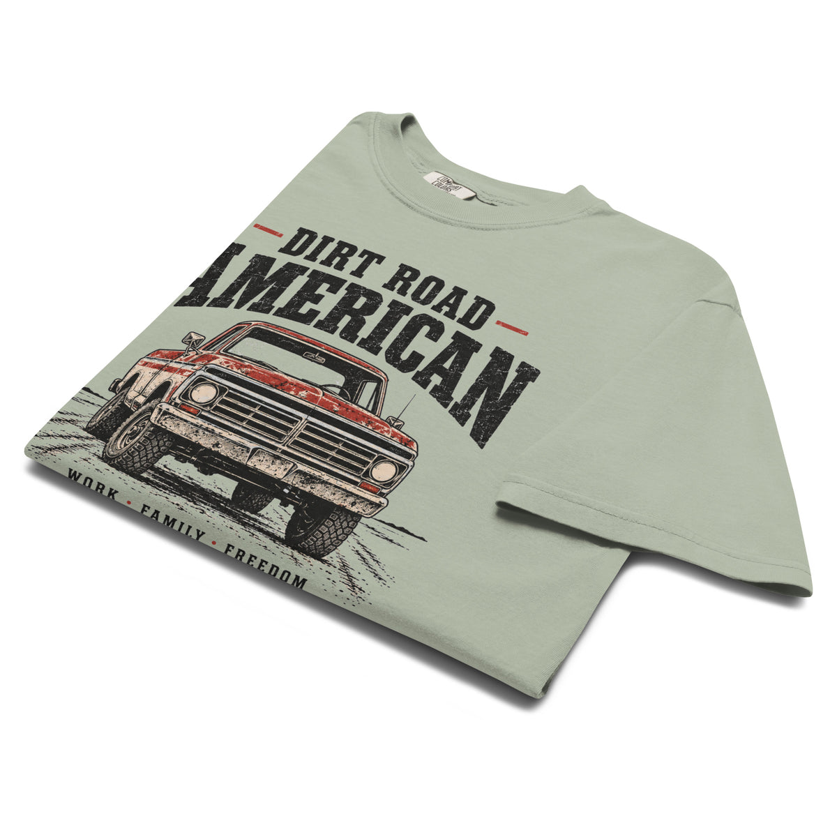 Grey men's t-shirt that says Dir Road American above a vintage American truck colored dusty red on a dirt road silhouette