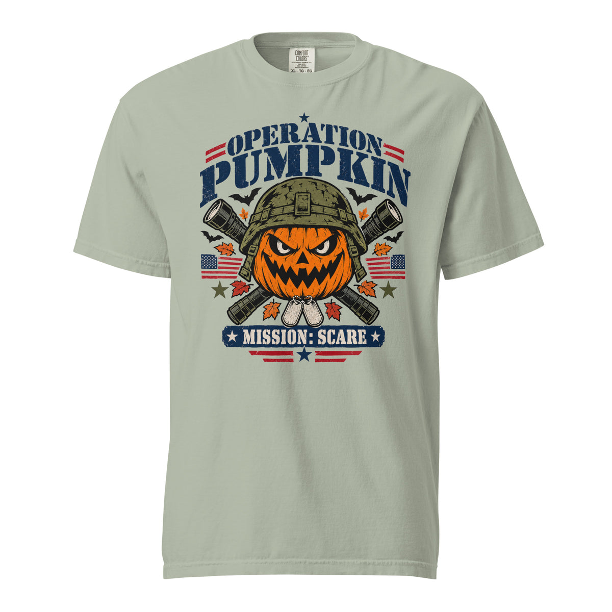 grey t-shirt with military pumpkin focal point, text saying "Operation pumpkin, Mission: Scare" along the top and bottom, with bats, leaves, and other fall accents