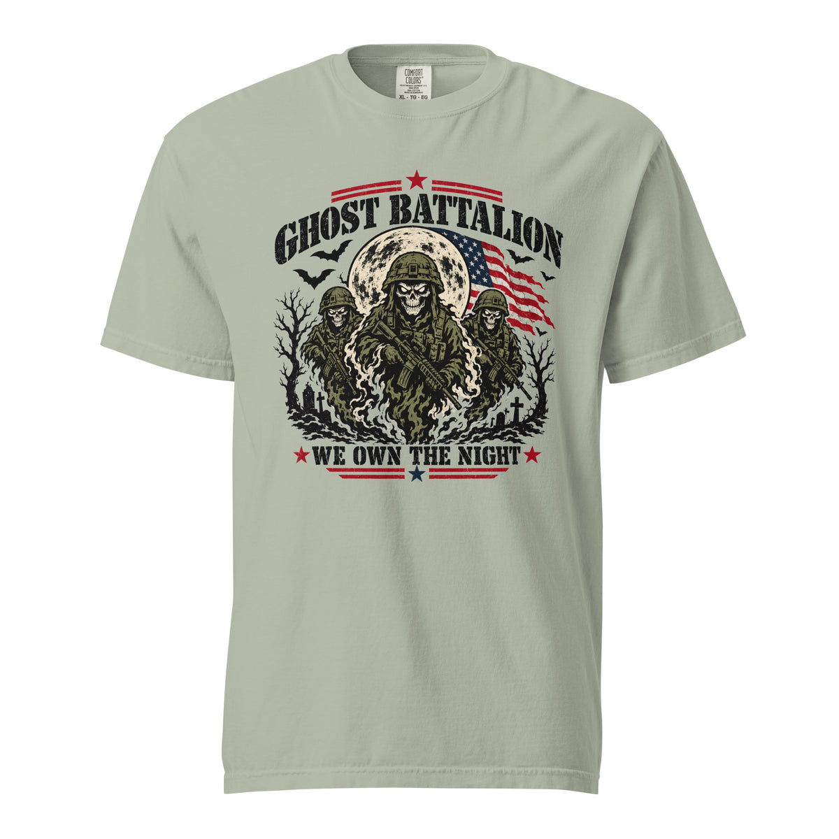 grey t-shirt with three skeleton military soldiers in spooky scene with Ghost Battalion written above and We Own the Night below