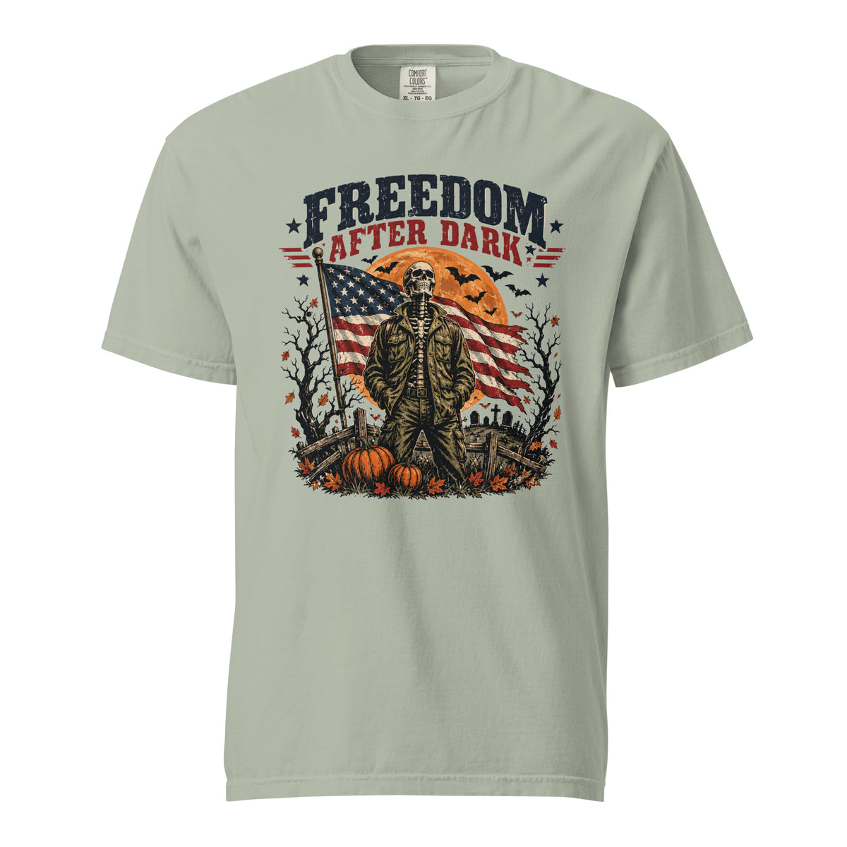 grey t-shirt with skeleton in front of American flag and moon, with Freedom after dark text above, and Halloween icon detail accents